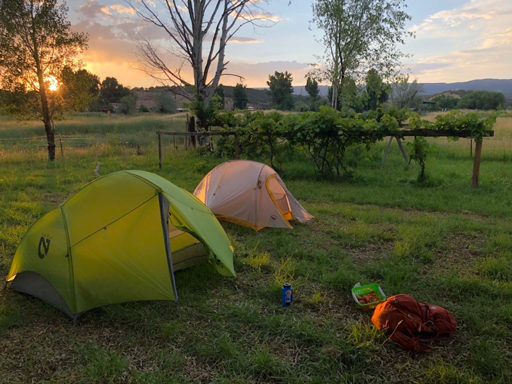 Our two tents on a lush, green farm with the sun setting in the background