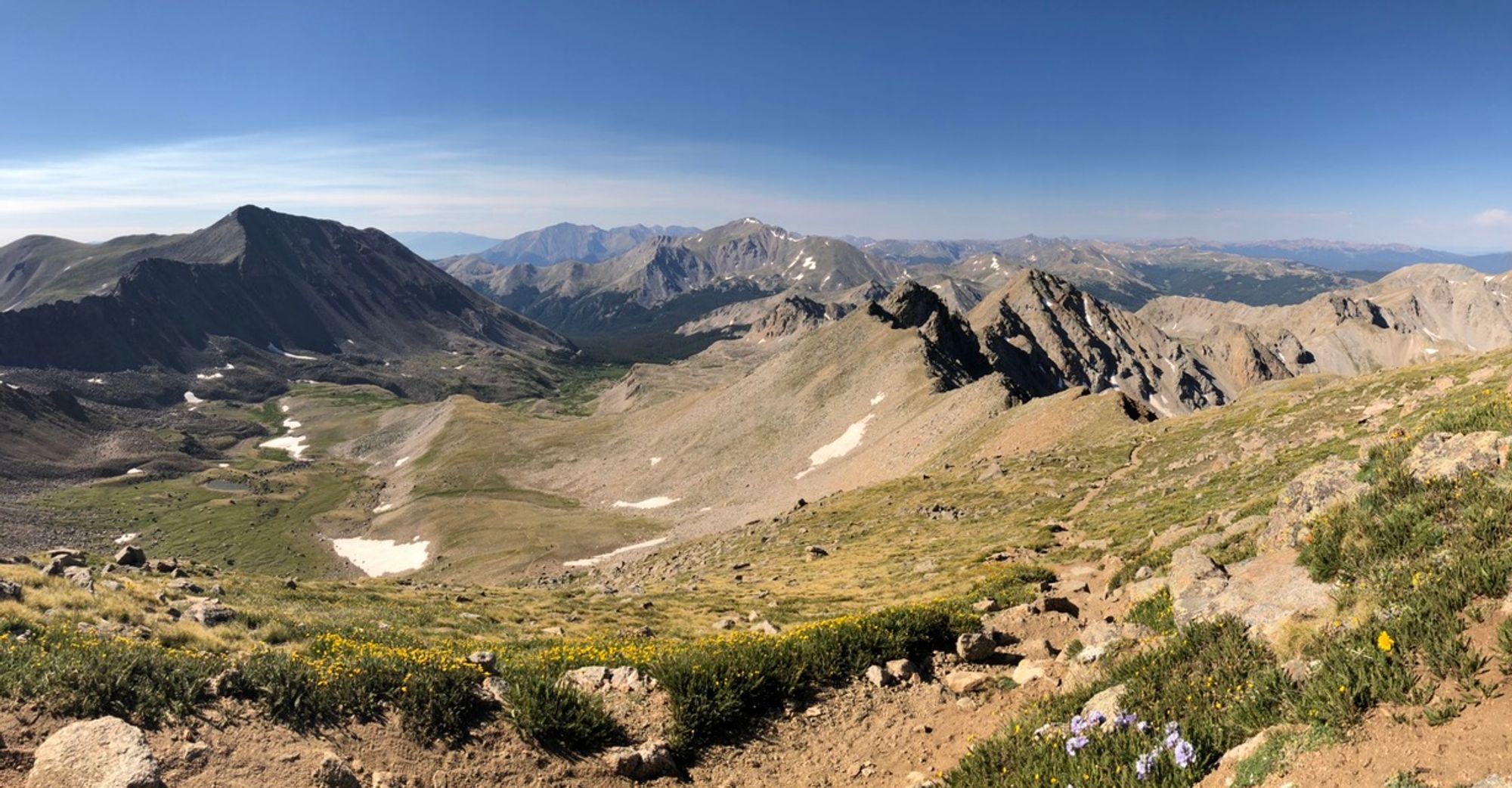 Panoramic view of the Rockies looking back down the trail we were hiking up to get to Mt. Harvard
